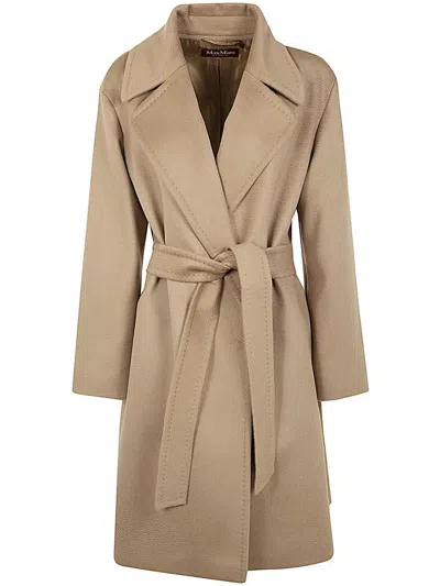 Max Mara Belted Long-sleeved Coat In Beige