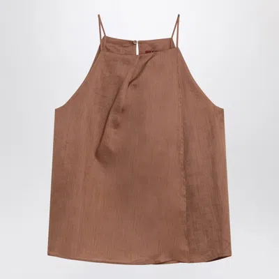 Max Mara Studio Tobacco Coloured Ramie Gauze Top In Brown