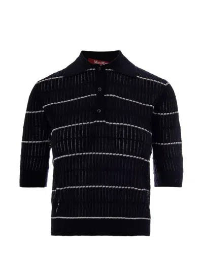 Max Mara Mstgallo Wool-silk Knit Ribbed Ss Polo Polo Shirt Multicolor In Black