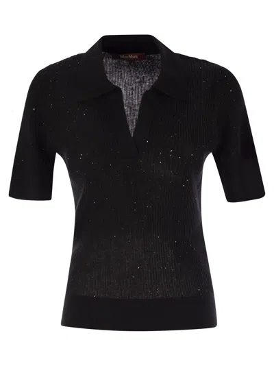 Max Mara Studio Uberta Wool And Silk Polo Shirt With Sequins In Black