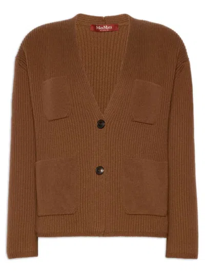 Max Mara Studio Wool And Cashmere Cardigan For Women - V-neck, Horn Button Closure, Dropped-shoulder In Marrone