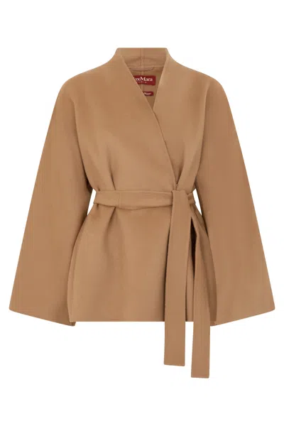 Max Mara Studio Wool Cape With Matching Belt In Camel