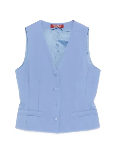 Max Mara Studio Wool Crepe Satin Vest With V-neck, Front Buttons & Adjustable Back Strap In Azzurro