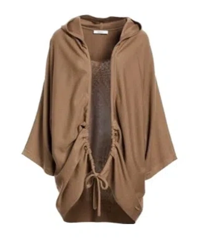 Max Mara Stylish Minimalist Drawstring Hooded Knit Sweater In Brown