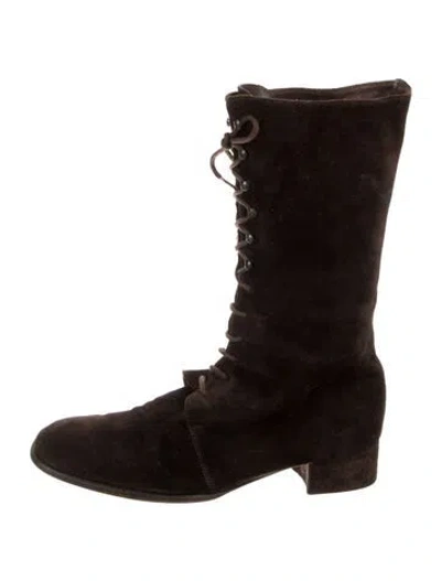 Pre-owned Max Mara Suede Animal Print Combat Boots In Brown