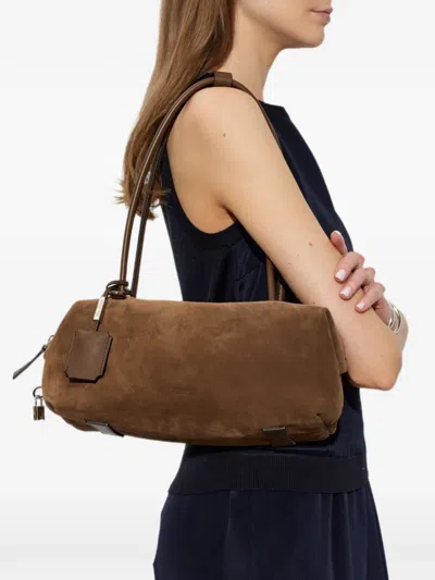 Max Mara Logo-debossed Leather-trimmed Suede Shoulder Bag In Brown