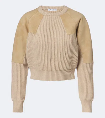 Max Mara Suede-paneled Wool And Cashmere Sweater In Neutral
