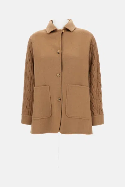 MAX MARA TACCO CAMEL HAIR BRAIDED COAT WITH KNITTED SLEEVES