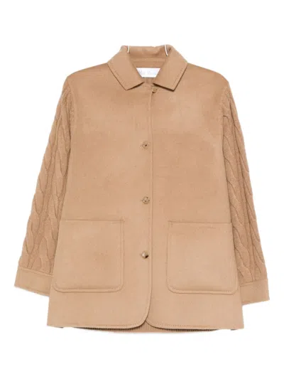 Max Mara Tacco Camel Hair Braided Coat With Knitted Sleeves In Brown