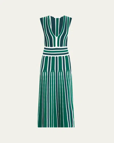 MAX MARA TALLONE PLUNGING STRIPE PLEATED KNIT MIDI DRESS