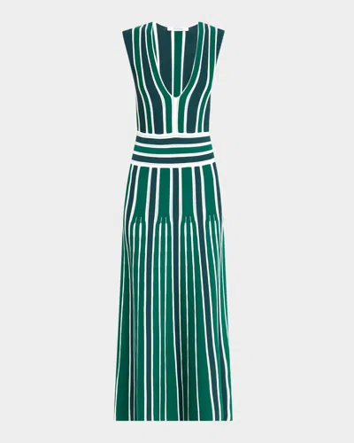 MAX MARA TALLONE PLUNGING STRIPE PLEATED KNIT MIDI DRESS