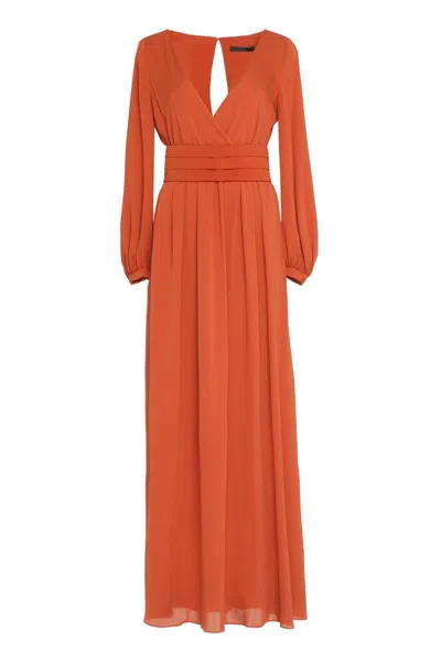 Max Mara Silk Maxi Dress With Decorative Cuffs And Waist Belt In Orange