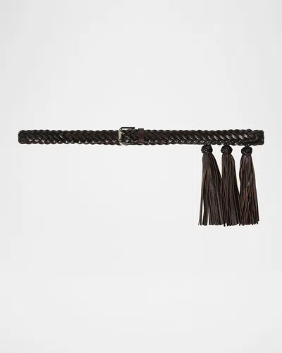 Max Mara Tassel Skinny Leather Belt In Dark Brown