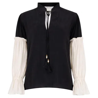 Pre-owned Max Mara Tasseled Two-tone Silk Top In Black