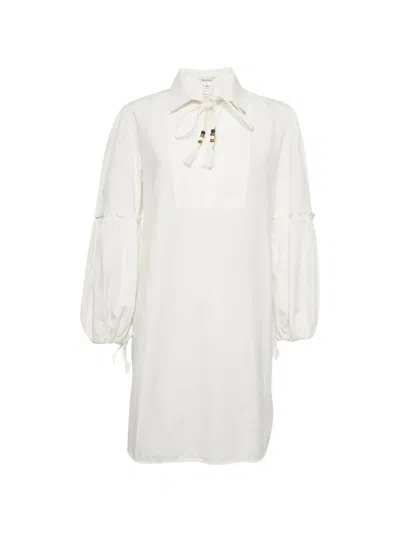 Pre-owned Max Mara Tassel-trim Poplin Mini Dress In White