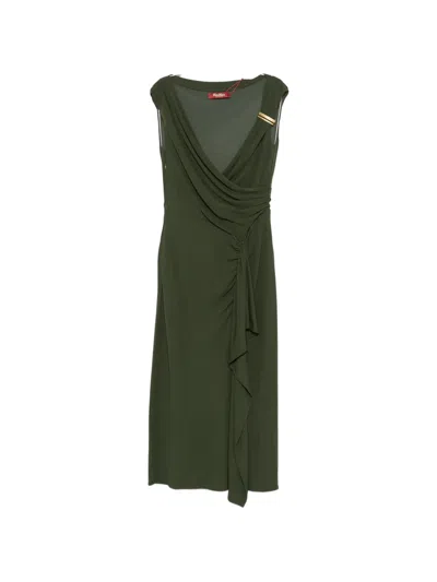 Max Mara Draped Midi Dress With Ruffles Taureo In Green