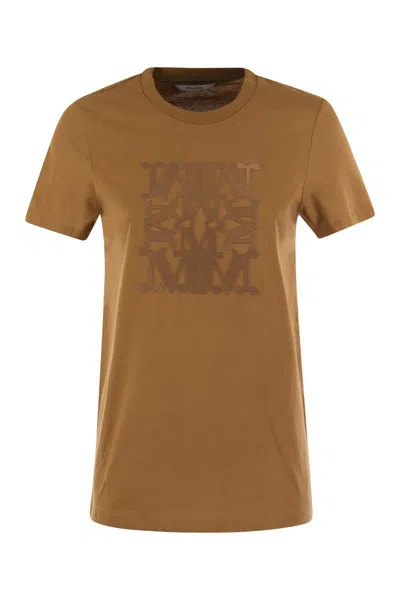 Max Mara Taverna Cotton T Shirt With Frontal Embroidery In Brown