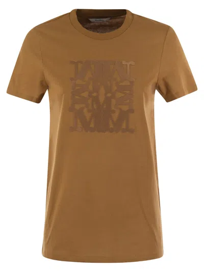 Max Mara Taverna Cotton T Shirt With Frontal Embroidery In Leather