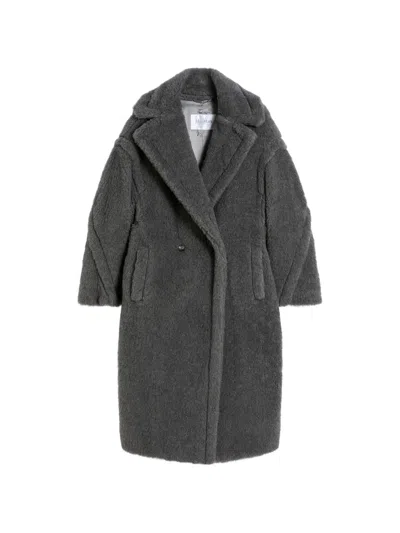 Max Mara Silk Blend Oversized Double-breasted Faux Fur Coat In Gray