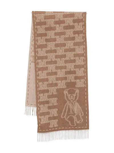 Max Mara Teddy-bear Motif Cashmere Scarf In Brown