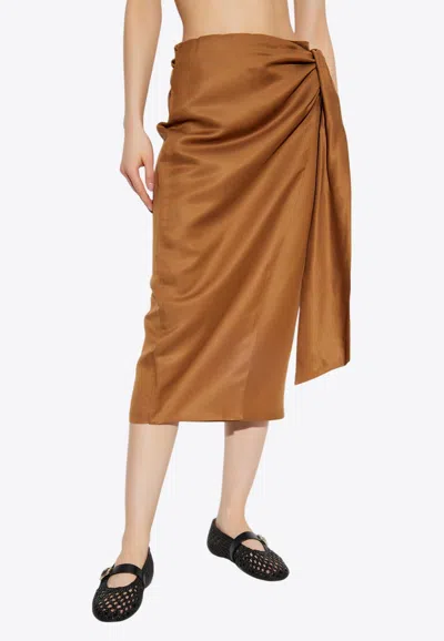 Max Mara Tequila Linen Silk Draped Midi Skirt In Brown