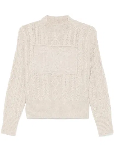 Max Mara Textured Cable Knit Sweater With High Neckline And Cropped Fit In Neutral