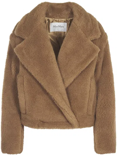 Max Mara Textured Camel Coat With Classic Lapel In Brown
