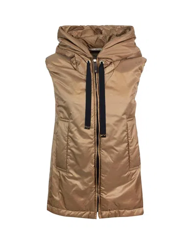 Max Mara The Cube Long Hooded Puffer Vest In Caramel