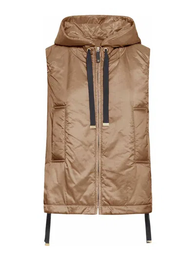 Max Mara The Cube Padded Vest With Hood In Waterproof Canvas In Brown