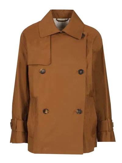 Max Mara The Cube Short Double-breasted Trench Coat In Water-repellent Cotton Coats Brown