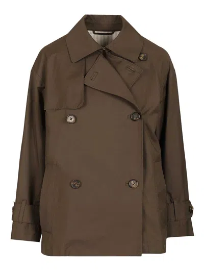 Max Mara The Cube Short Double-breasted Trench Coat In Water-repellent Cotton Coats Green In Brown