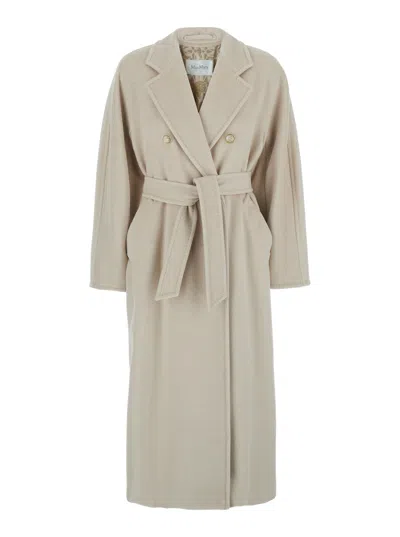 Max Mara 'ticino' White Coat With Notched Revers In Wool And Cashmere Woman In Neutral