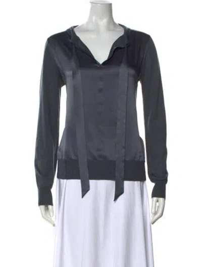 Pre-owned Max Mara Tie Neck Long Sleeve Top In Blue