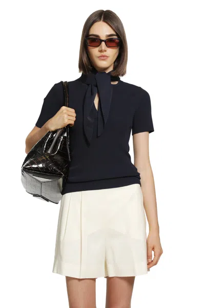 Max Mara Tie-detailed Ribbed-knit T-shirt In Blue