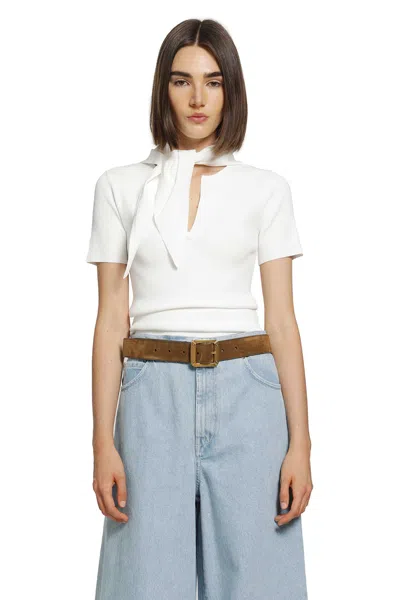 Max Mara Tie-detailed Ribbed-knit T-shirt In Multi