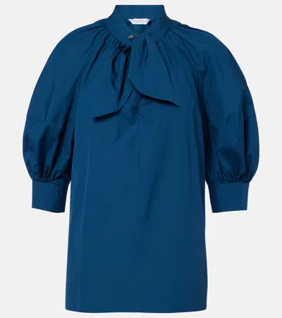 Max Mara Tie-neck Cotton Poplin Blouse In Blue