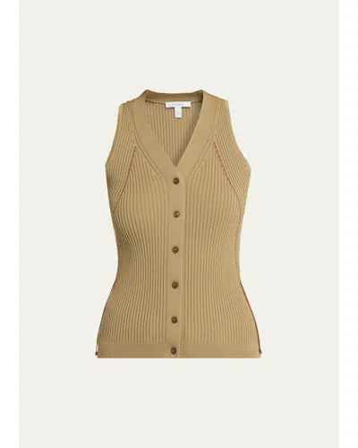 Max Mara Ties V-neck Rib Knit Waistcoat In Kaki