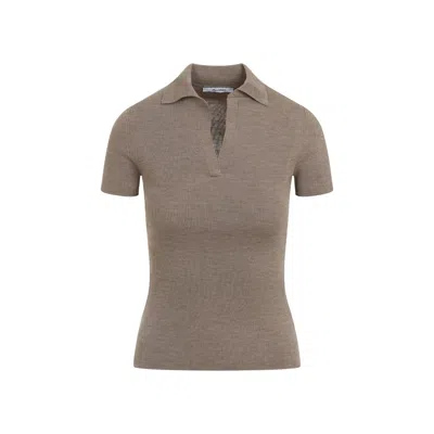 Max Mara Tobacco Light Brown Virgin Wool Albero Knit Ribbed Polo