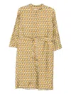 Max Mara Dress Printed Belted Waist Mandarin Collar In Yellow