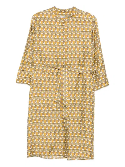 Max Mara Dress Printed Belted Waist Mandarin Collar In Multi