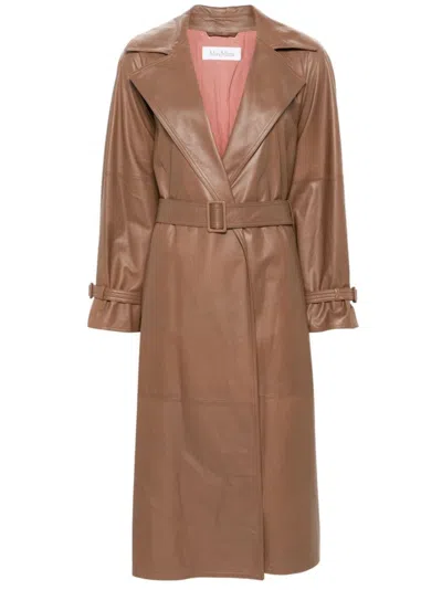 Max Mara Ande Leather Trench Coat In Marrone