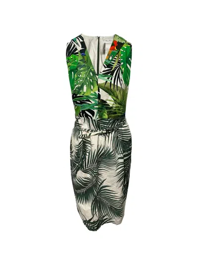 Pre-owned Max Mara Tropical Print Belted Dress In Green