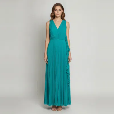 Pre-owned Max Mara Turquoise Plisse Pleated V-neck Maxi Dress M In Blue
