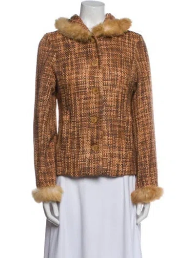 Pre-owned Max Mara Tweed Pattern Faux Fur Jacket In Brown