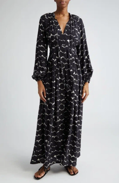 Max Mara Urbania Dot Print Long Sleeve Silk Maxi Dress In Black