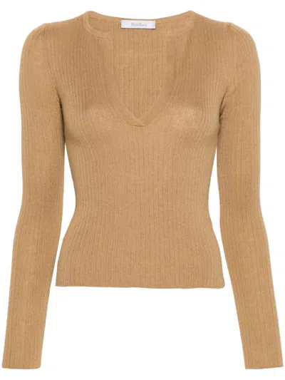 Max Mara Urlo Henley-neck Ribbed Sweater In Brown