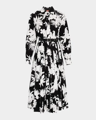Max Mara Ussel Pleated Botanical-print Midi Shirtdress In Black