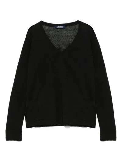 Max Mara V-neck Black Linen Sweatshirt With Cropped Hem