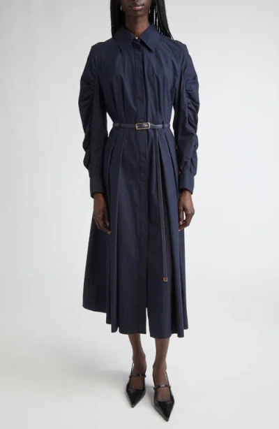 Max Mara Valdese Ruched Long Sleeve Cotton Shirtdress In Blue