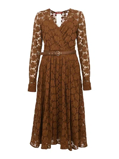 Max Mara Mstagrume Midi Dress In Tulle In Brown